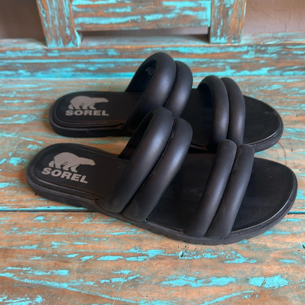 Sorel Ella II Puff Black Leather Slides Sandals Size 6.5